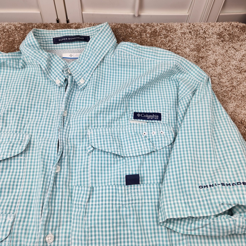 Columbia PFG Super Bonehead Fishing Shirt Mens Large Teal Gingham Short Sleeve